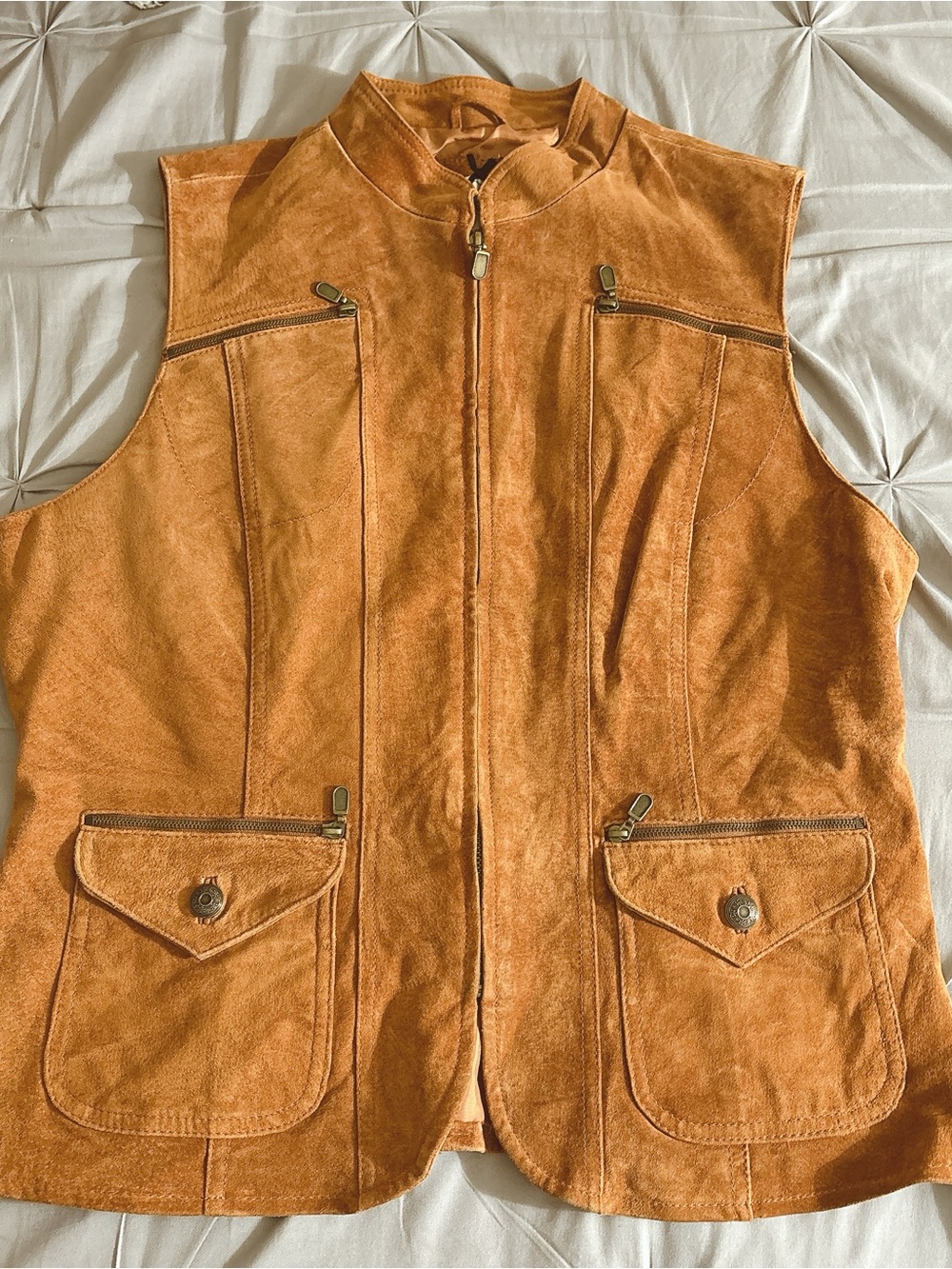 Vintage Cognac Suede Leather Vest – Equestrian Western Moto Academia Front Zip - Picture 4 of 9